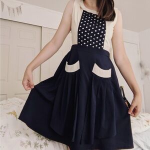 COMME TOI - by Anthropologie Navy Blue & Cream Polka Dot Vintage Style dress